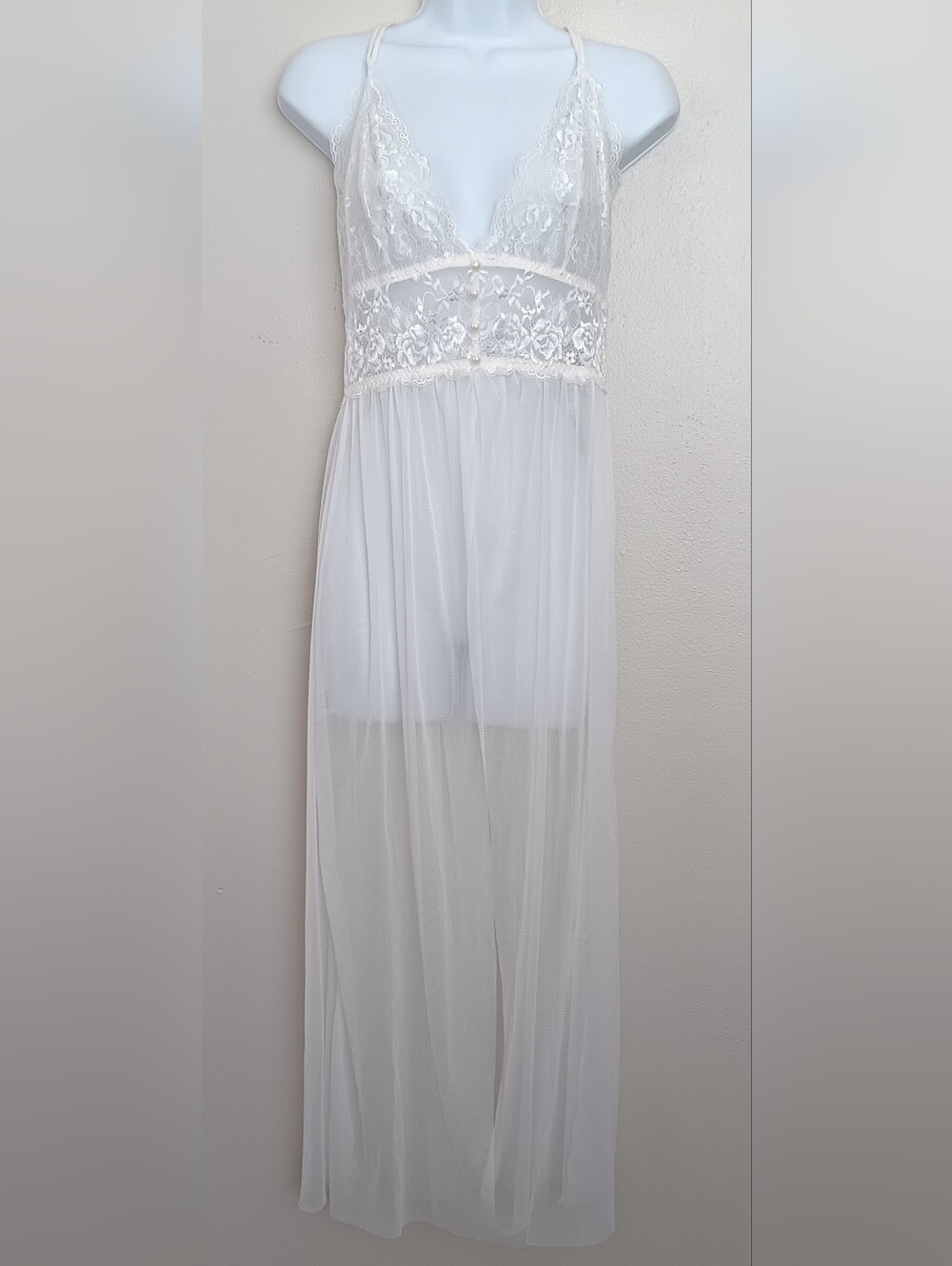 Women's Sheer Maxi Nightgown White V-neck Intricate Floral Lace Bodice Sz XL